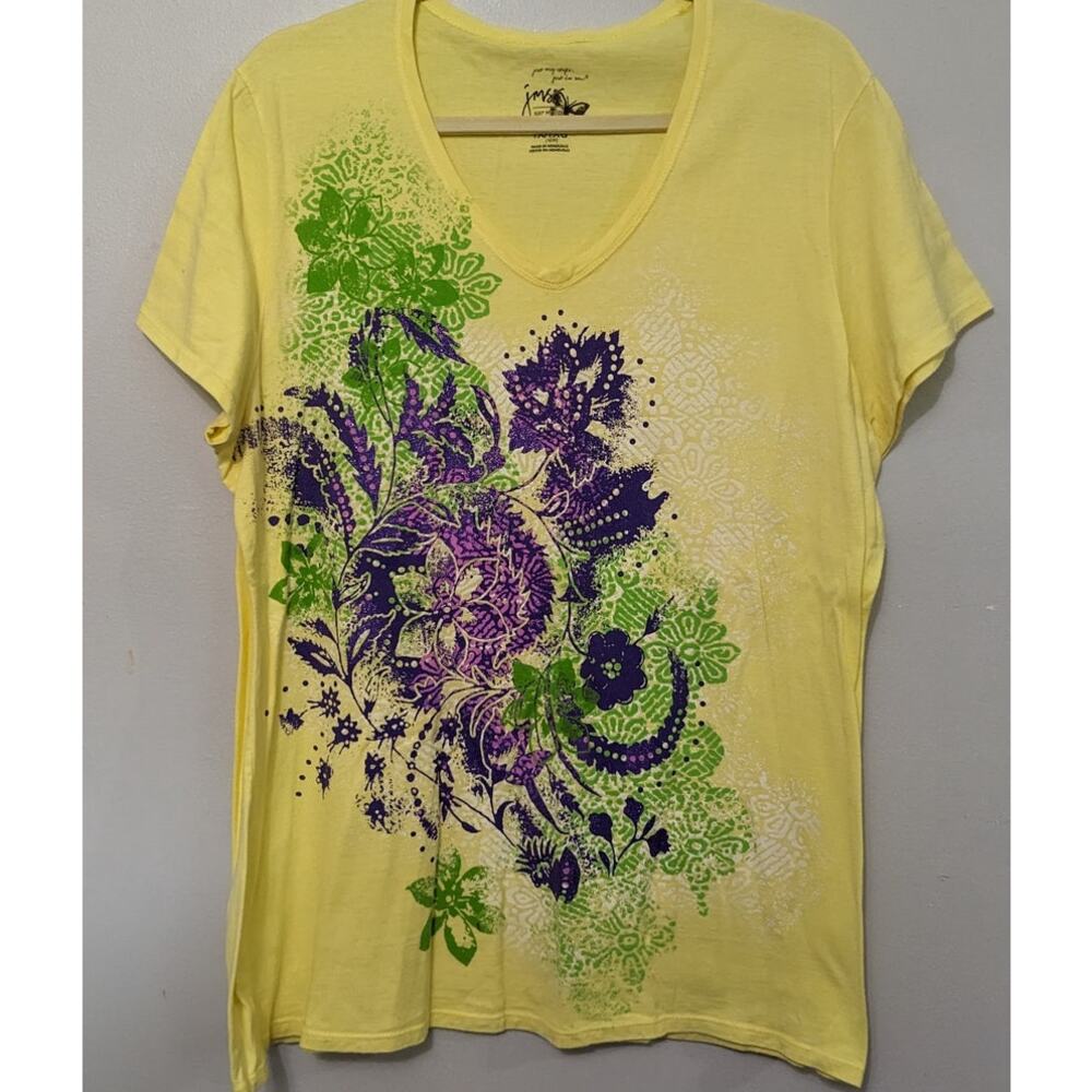 Just My Size Women's Yellow/Green/Purple Print T Shirt V Neck Size 1X/16W